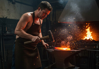 Muscular blacksmith forging metal with a hammer in a dark workshop with fire sparks