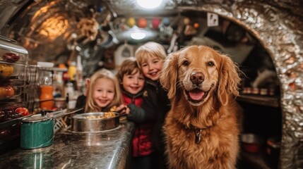 Happy Children and Golden Retriever Dog in Cozy, Decorated Inter