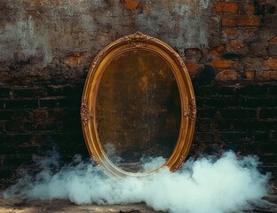 Ornate gold mirror stands amidst smoky haze against brick wall.