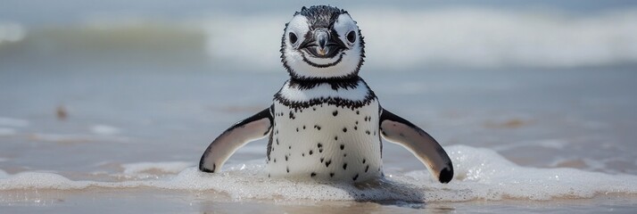 Happy Penguin Standing in Ocean Waves