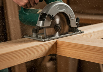 A close up of a circular saw cutting through a wooden plank in a workshop setting