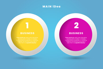 Infographic features two bold, circular banners with vibrant yellow and magenta color schemes representing steps 1 and 2 in a business process vector illustration