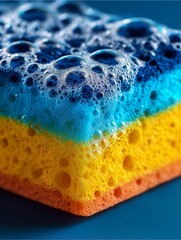 Vibrant Suds on a Sponge: A close-up shot of a colorful sponge saturated with frothy bubbles, evoking cleanliness and household freshness.