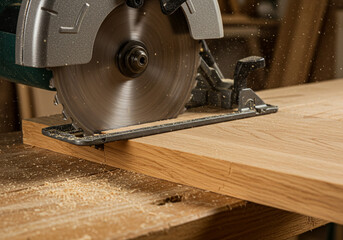 A circular saw cutting through a piece of wood in a workshop with sawdust flying around
