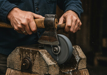 Close up of hands sharpening an axe on a grinding wheel with water in a rustic setting
