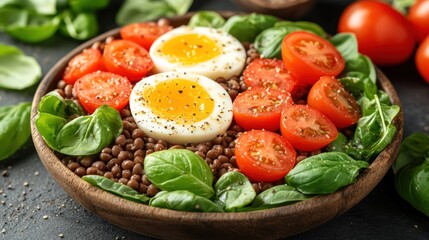 Healthy Lentil Bowl with Egg, Tomatoes and Basil