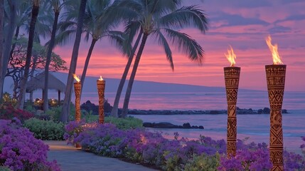 Hawaiian Sunset Tiki Torches light the shore at dusk in paradise.