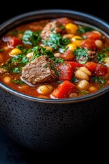 Hearty Beef and Bean Soup in a Dark Bowl