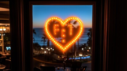 Heart-Shaped Light Display Seen From Restaurant Window at Dusk