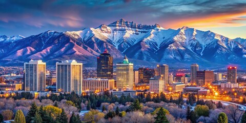 Fototapeta premium Panoramic shot of Salt Lake City skyline at dusk with Wasatch Range Mountains in the background