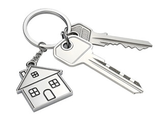 Silver house shaped keychain attached to a set of keys
