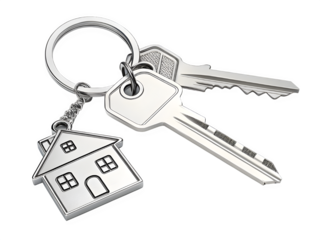 Silver house shaped keychain attached to a set of keys