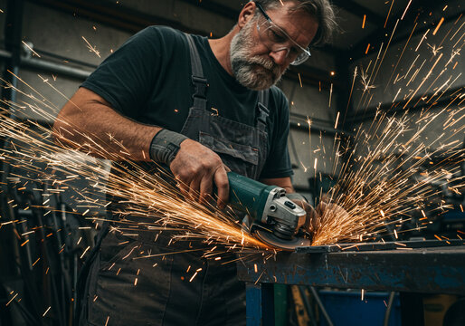 Man using angle grinder with sparks flying in a workshop wearing safety goggles and overalls