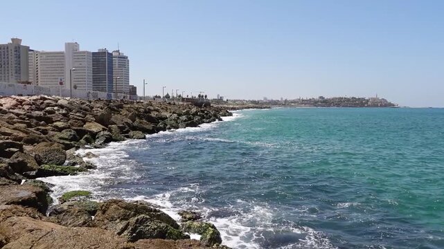 Israel Tel Aviv- Yafo and Andromeda Rock View on Mediterranean Sea and famous Beach