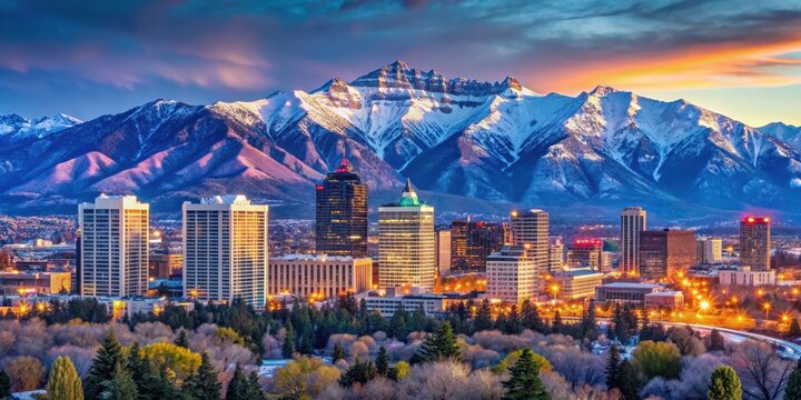Panoramic shot of Salt Lake City skyline at dusk with Wasatch Range Mountains in the background