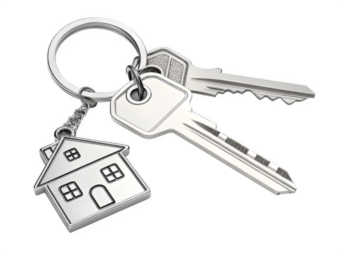 Silver house shaped keychain attached to a set of keys