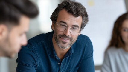 Obraz premium Confident business professional with glasses discussing project strategy in modern office environment