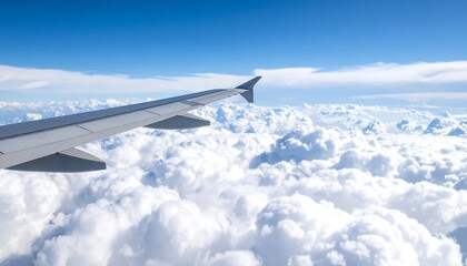 Obraz premium Airplane wing above a vast expanse of fluffy white clouds under a brilliant blue sky