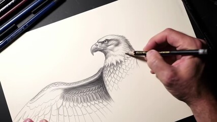 A hand holding a pencil is drawing a detailed sketch of a bald eagle with spread wings on white paper. - Powered by Adobe