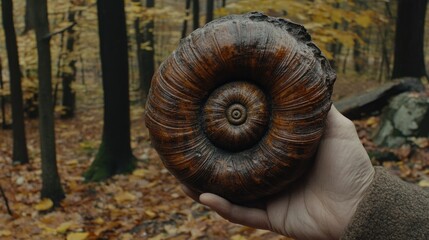 Holding a Mysterious Fossil in the Autumn Forest
