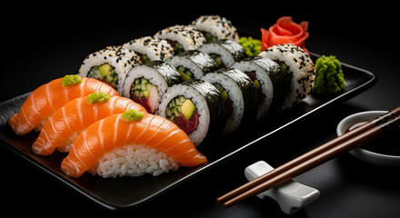 Sushi plate: salmon nigiri and assorted maki rolls
