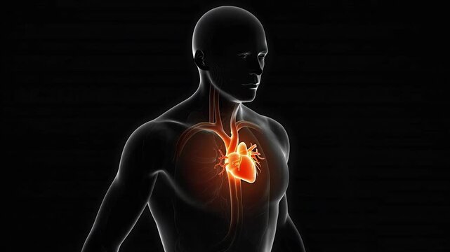 3D transparent anatomical scan of the human heart glowing inside the chest of a male figure, set against a dark black background, perfect for medical illustration, diagnostics, and education use.