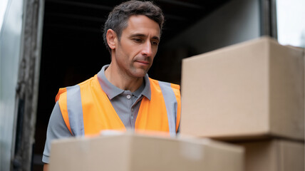 Worker wearing safety vest loading cardboard boxes into delivery truck, focused expression, logistics, shipping, transportation