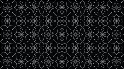 black background graphic vector with geometric patterns and abstract white line art, and a seamless repeat for horizontal backgrounds or textured backdrops for design elements and fabrics