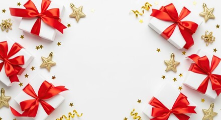 Festive christmas gifts with red bows and golden star confetti on white background
