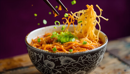 "Delicious Spicy Noodles Garnished with Spring Onions in a Decorative Bowl"