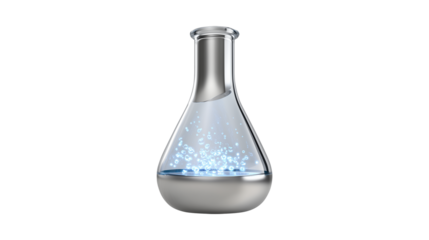 Laboratory erlenmeyer flask containing bubbling clear solution during chemical reaction experiment