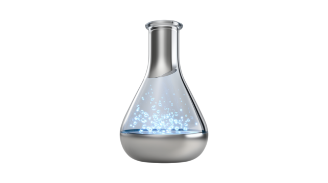 Laboratory erlenmeyer flask containing bubbling clear solution during chemical reaction experiment