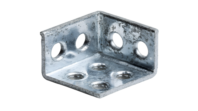 Metal stud framing corner bracket, galvanized steel, pre-drilled holes, isolated on Transparent background