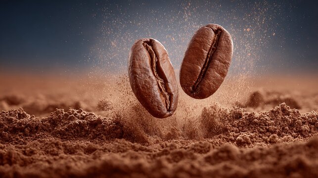 Levitating coffee beans with cocoa powder explosion with dark background.