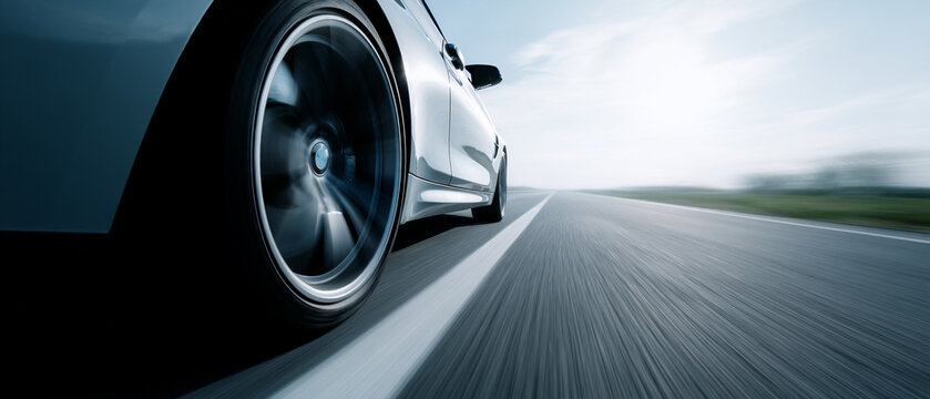 Dynamic car in motion, tire gripping road, speed, power, and energy on open highway, blue sky background