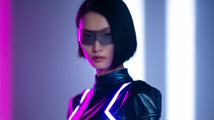 Futuristic woman, neon light, short black hair, visor, shiny suit, confident expression, cyberpunk style