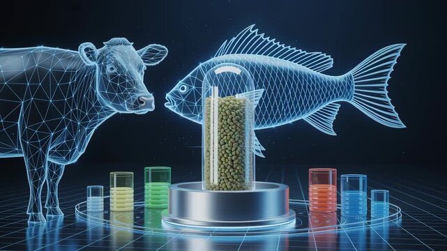 Digital cow fish animal feed technology with pellets in glass container and holograms near feed and data charts on dark background