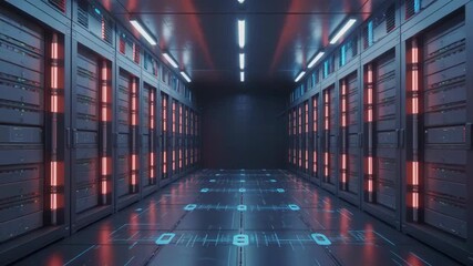 Futuristic server room with illuminated racks and glowing floor panels creating high tech atmosphere wide corridor and reflective floor technology