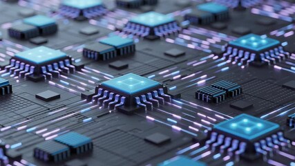 Microchip circuit board with glowing connections and electronic components showcasing advanced technology and digital data flow electronic component - Powered by Adobe