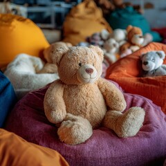 Cozy Plush Teddy Bear Surrounded by Colorful Bean Bags in Playroom
