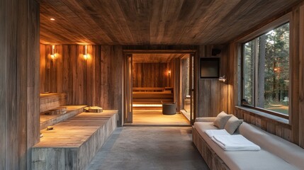 Wooden Sauna Interior with Forest View