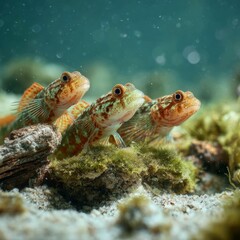 Fototapeta premium Three Colorful Fish Swimming Amongst Rocks and Seaweed Underwater