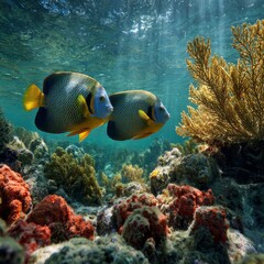 Obraz premium Two Colorful Fish Swimming Near Vibrant Coral Reef Underwater