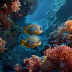 Obraz premium Vibrant Yellow Fish Swimming Among Colorful Coral Reef Life