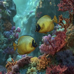 Obraz premium Vibrant Yellow Fish Swimming Among Colorful Coral Reef Underwater Scene