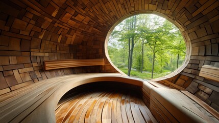 Wooden sauna interior with forest view
