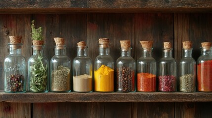 Wooden spice jars lined up on a shelf