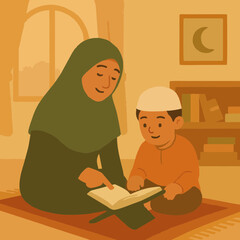 Flat vector illustration of a happy Muslim family reading the Quran together outdoors in a park. Father, mother, son, and daughter sitting on grass with open holy books, enjoying Islamic learning time