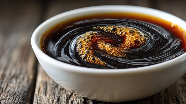 Dark brown sauce swirling in a white bowl on a rustic wooden surface