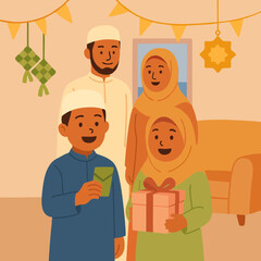 Flat vector illustration of a Muslim man eating suhoor, the pre-dawn meal during Ramadan. Nighttime setting with crescent moon and stars. Perfect for themes of fasting, Ramadan, spirituality, Islamic 